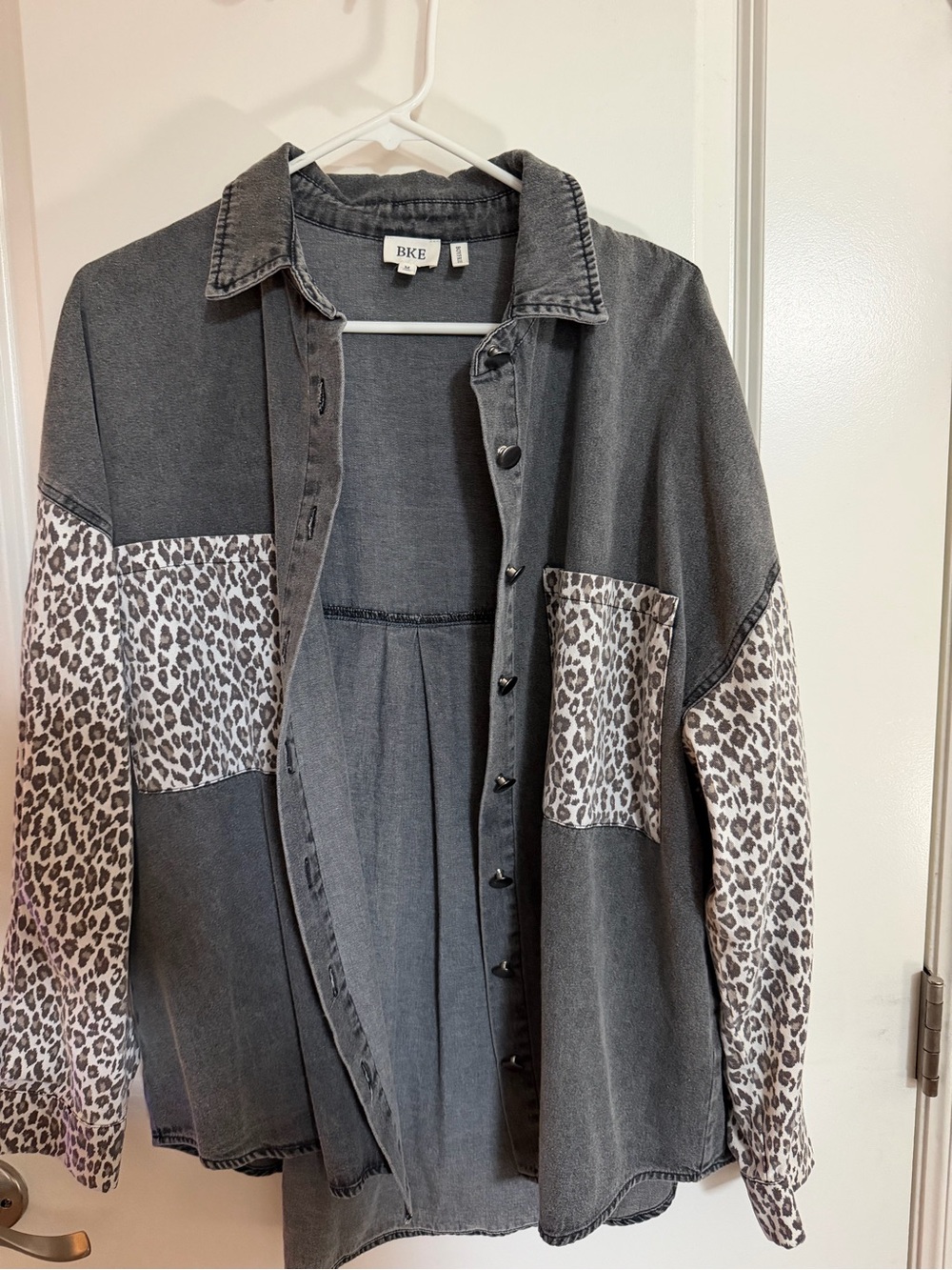 BKE Charcoal Denim Jacket with Leopard Print Panels